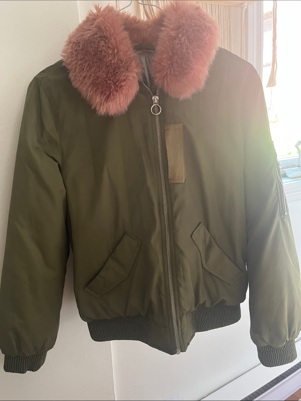 Zara Olive Green Puffer Jacket with Dusky Pink Faux Fur Collar